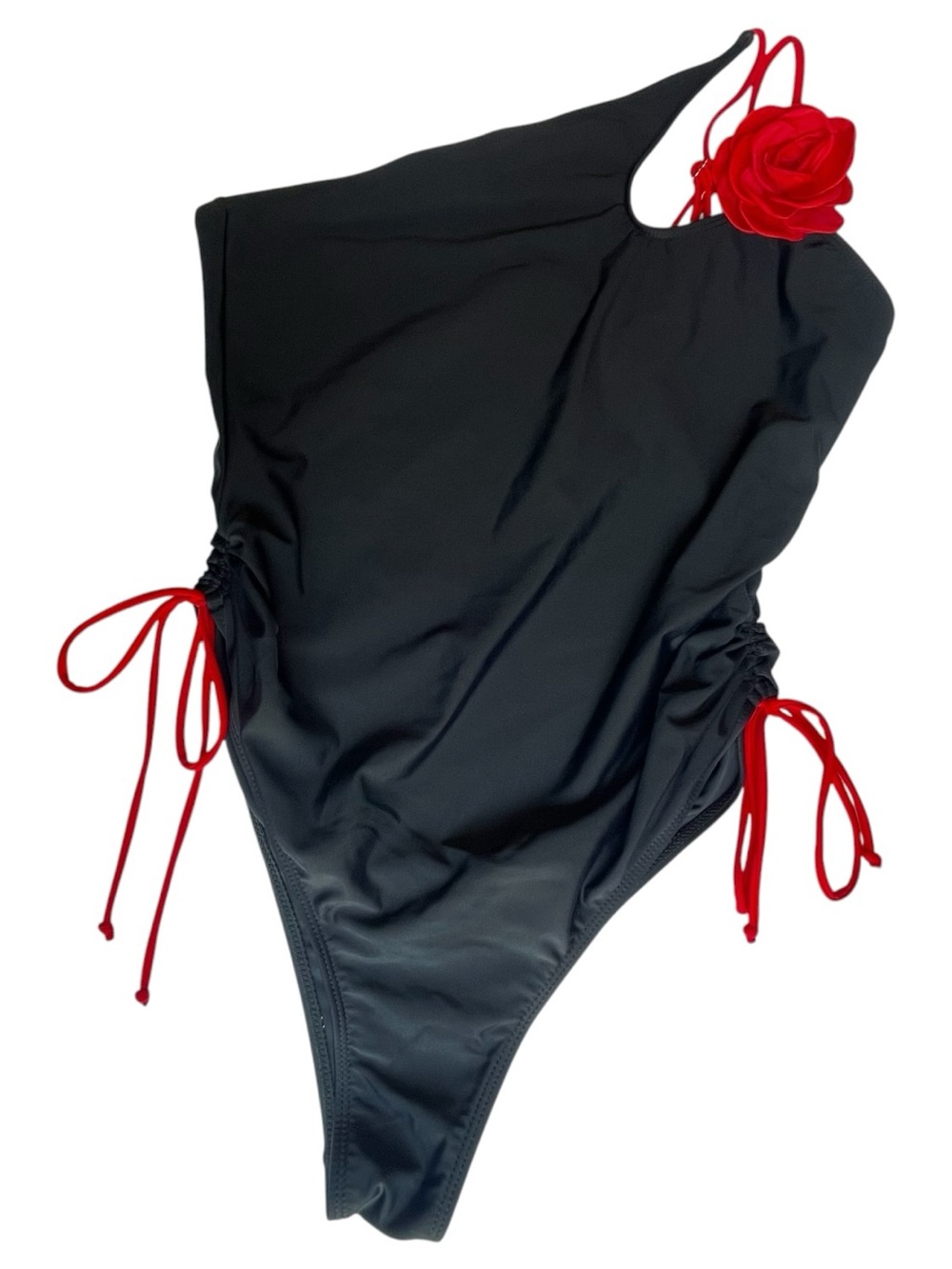 SHEIN Black/Red One-Piece Asymmetrical One Strap Swimsuit w/ Red Flower sz XL